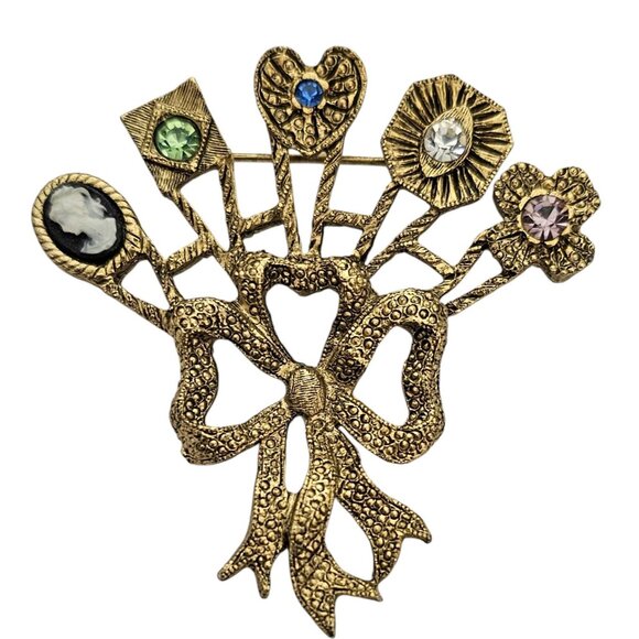 Gold Tone Bow Brooch Heart Cameo Cross Bouquet Pin, L840 - Picture 1 of 9